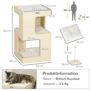 Tana per gatti a 3 livelli con due rifugi; cuccia superiore; cuscini lavabili e gioco con topo 34 × 34 × 60 cm