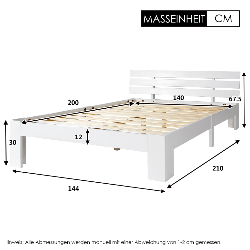 Letto matrimoniale 140 × 200 cm con testiera e rete a doghe in legno bianco portata massima 150 kg
