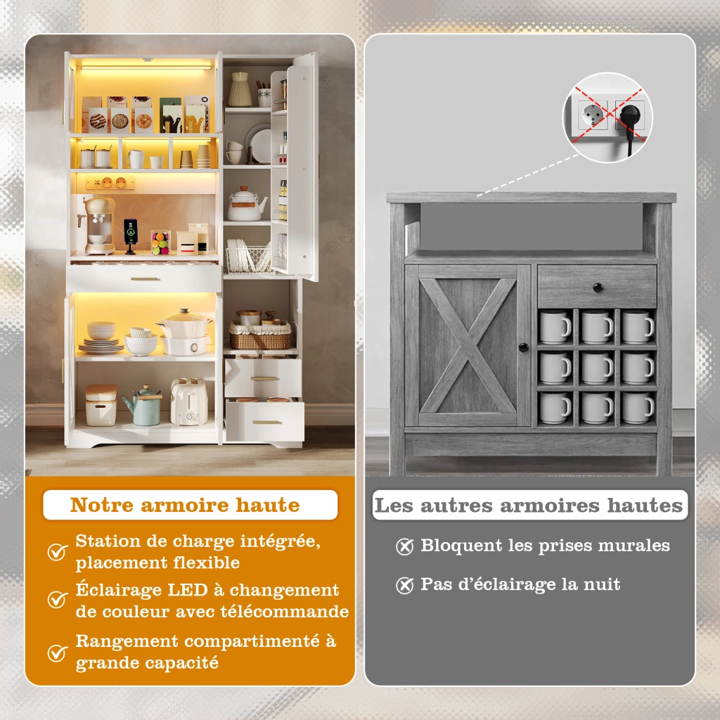 Credenza da cucina alta con vetrina, LED e prese, ripiani regolabili e cassetto, in MDF bianco, 105 × 40 × 185 cm