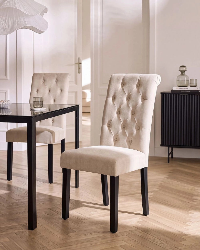 Set di 2 Sedie da Pranzo in Tessuto Beige Chiaro Glam Design Moderno Gambe in Legno Nero