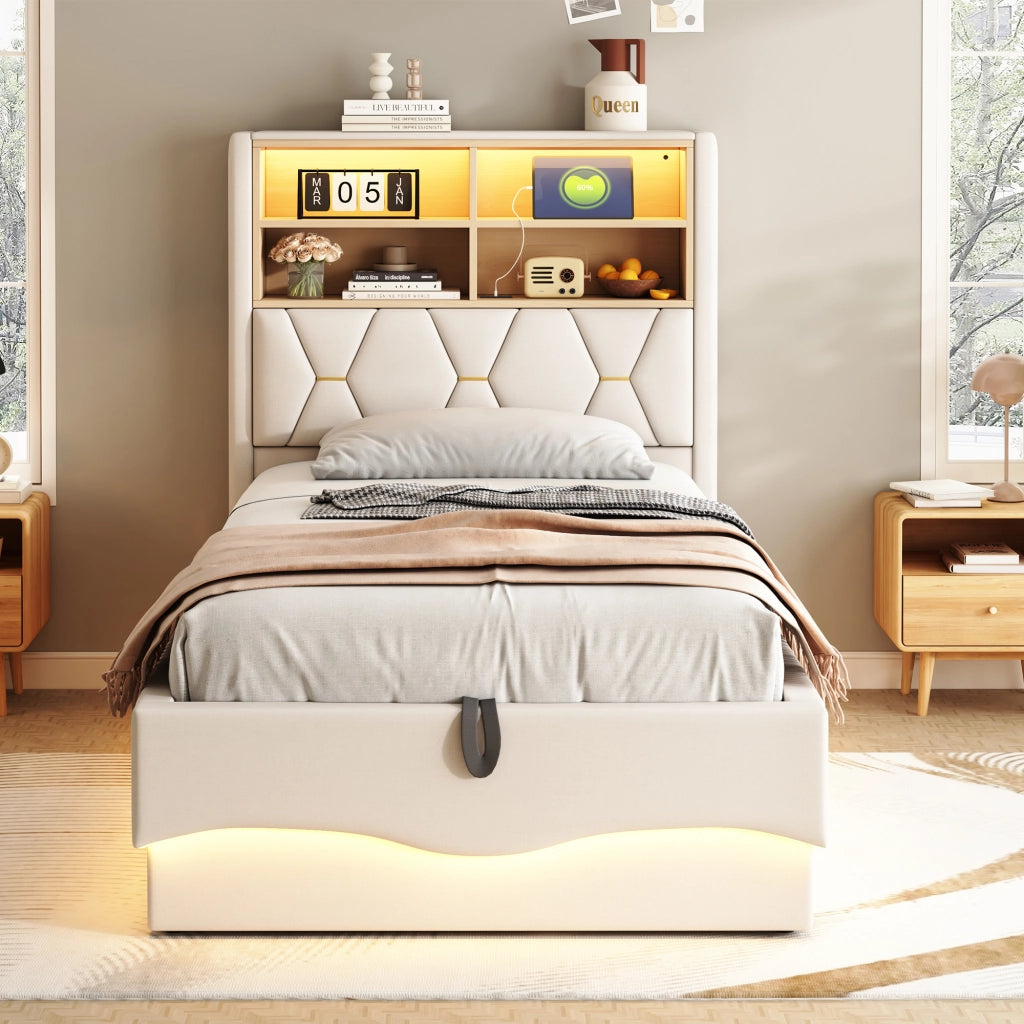 Letto contenitore 90 × 200 cm con LED controllabile tramite app USB struttura in metallo imbottita beige