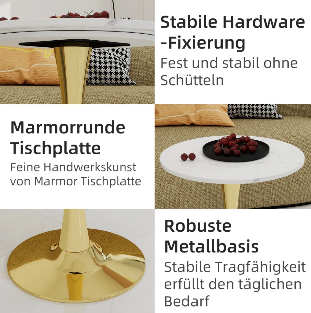 Tavolino rotondo moderno in marmo artificiale oro e bianco