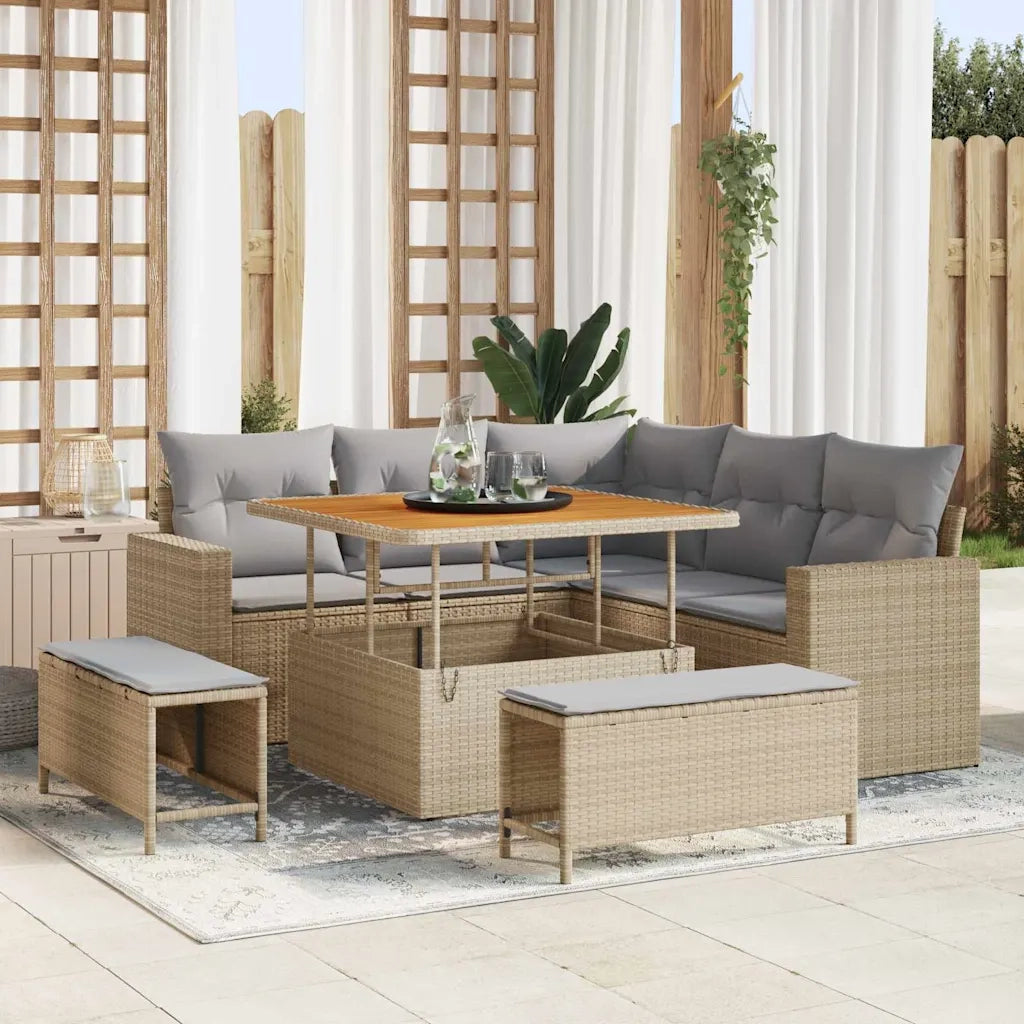 Set Divano da Giardino 9 pcs Beige e Grigio Chiaro polyrattan