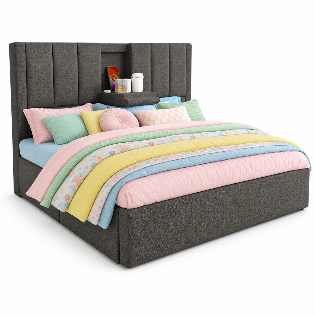 Letto contenitore imbottito 160x200 cm con USB; Type-C e portabicchieri a scomparsa; lino grigio