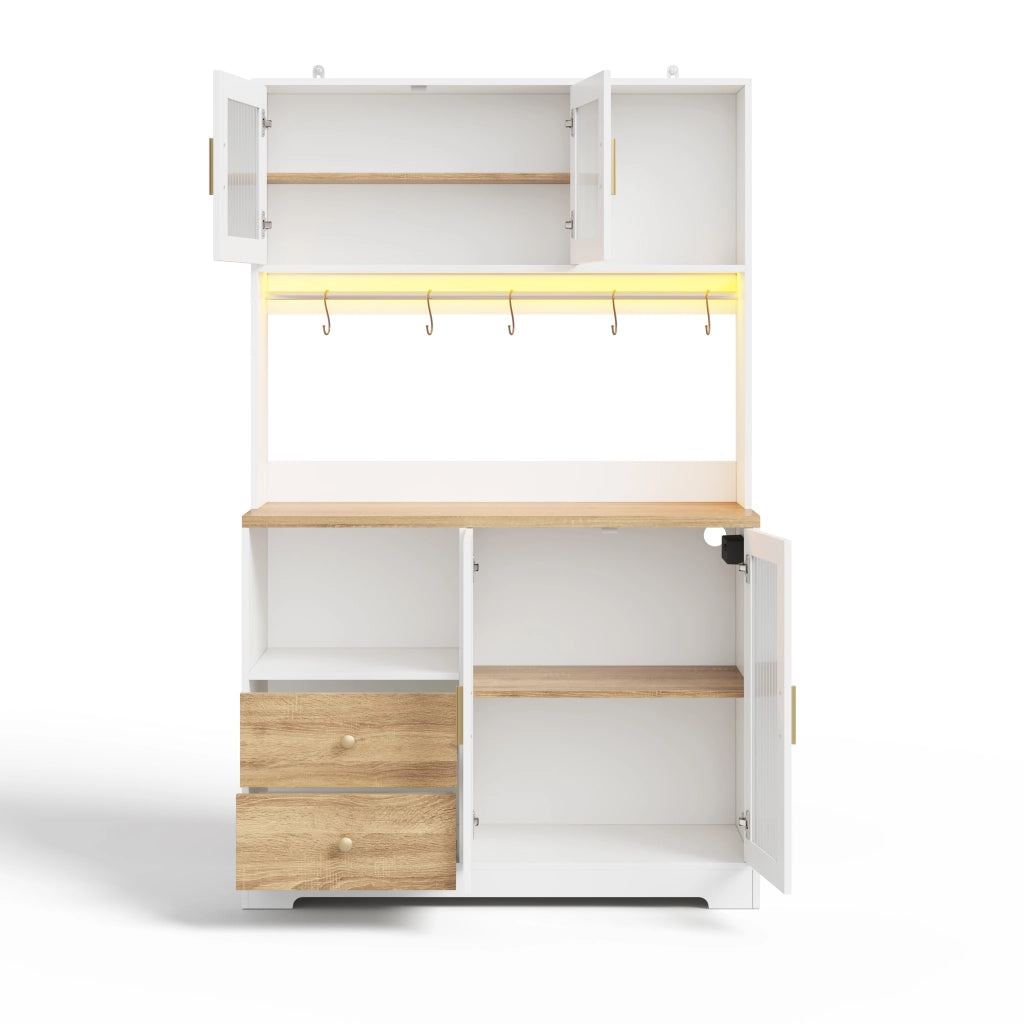 Colonna da cucina LED con 4 ante in vetro, ripiani regolabili e prese, MDF bianco e naturale, 110 × 40 × 178 cm