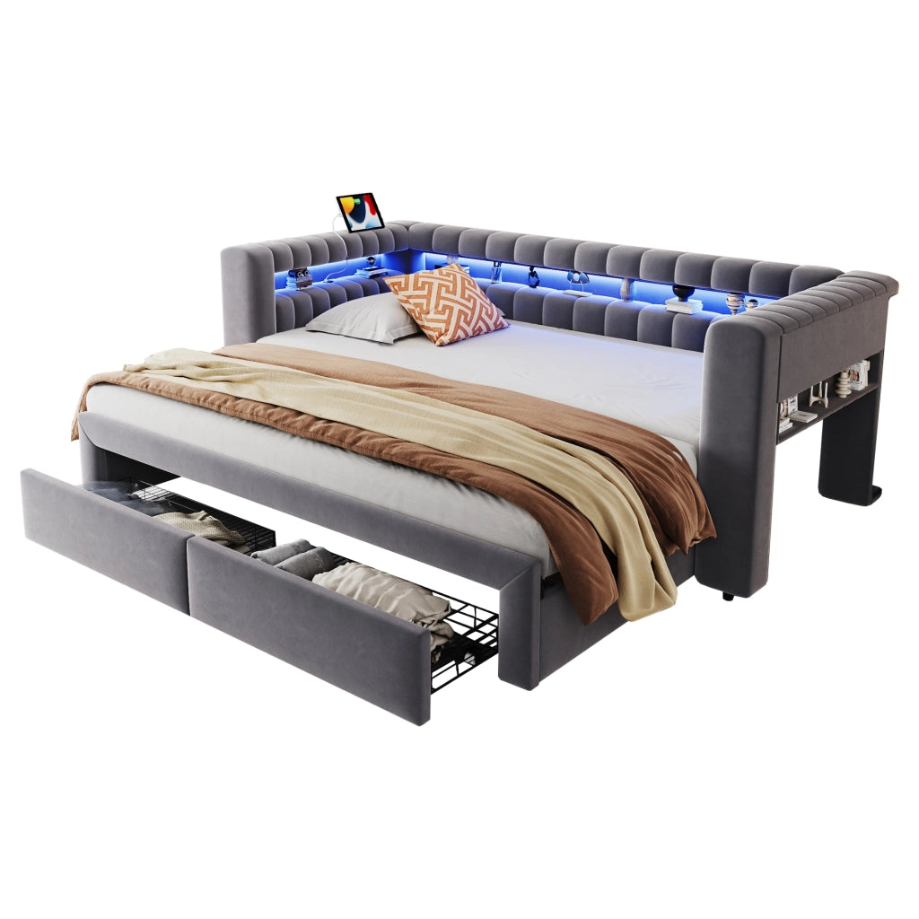 Letto divano 90 × 190 e 180 × 190 cm; estraibile; 2 cassetti; LED regolabile e porte USB tipo C; senza materasso
