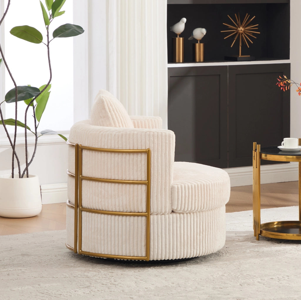 Poltrona girevole beige in velluto a coste con contenitore