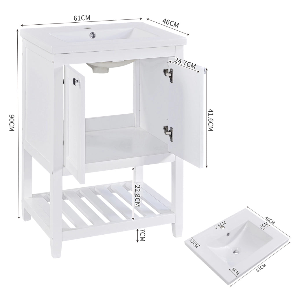 Mobile bagno a pavimento con lavabo in ceramica; bianco; legno massello e MDF