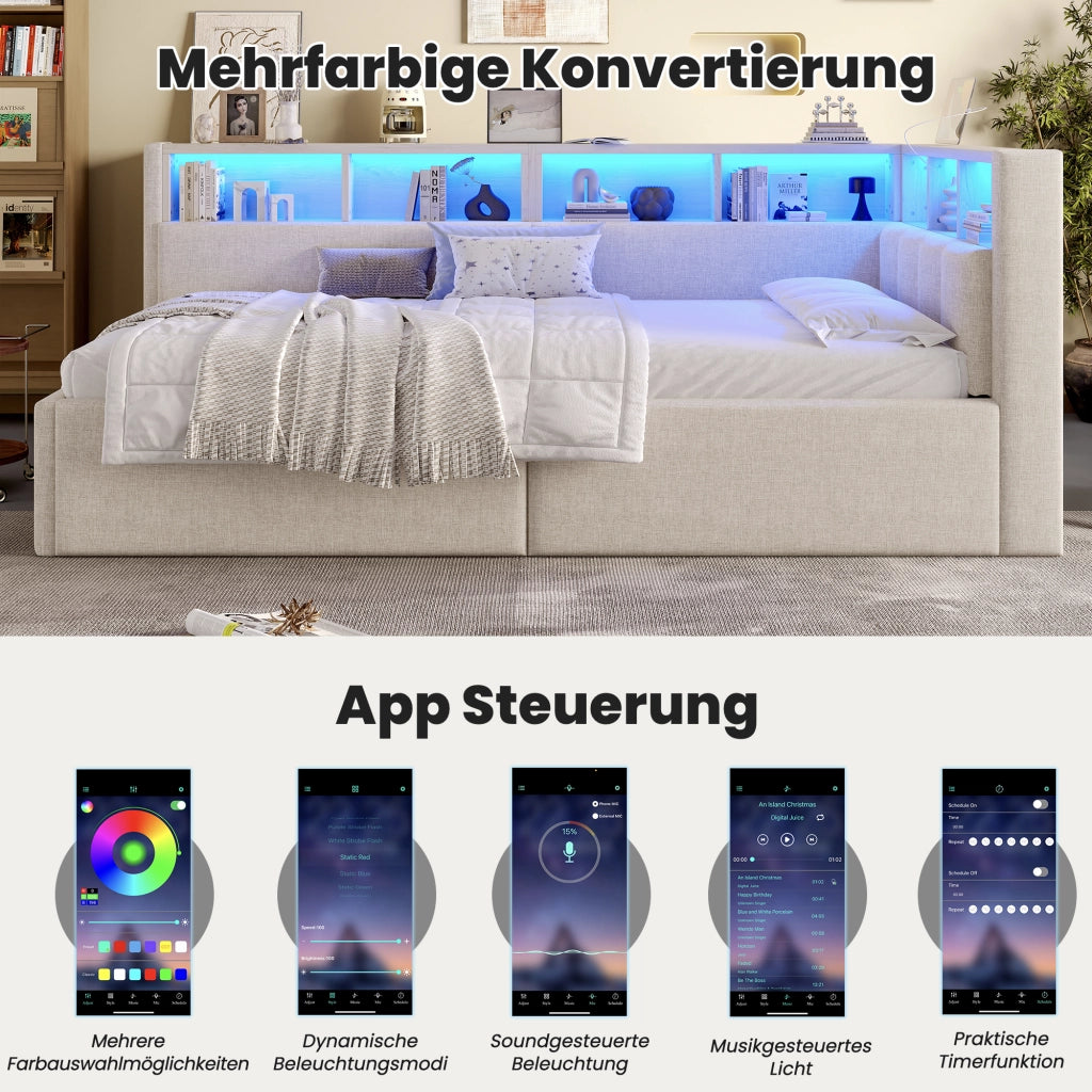 Letto divano 90 × 200 cm singolo con contenitore idraulico; LED regolabile; USB e Type-C; senza materasso; beige