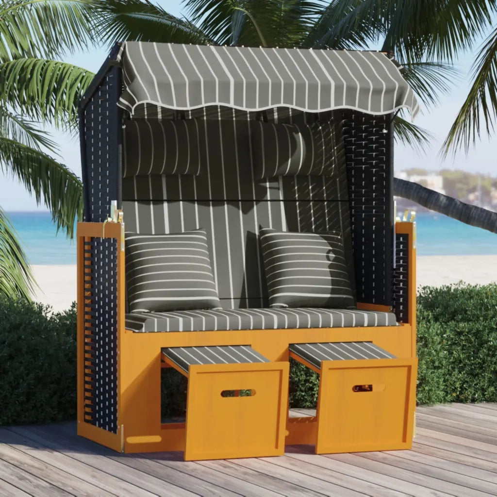 Strandkorb con Cuscini Polyrattan Legno Massello Nero e Grigio 318666