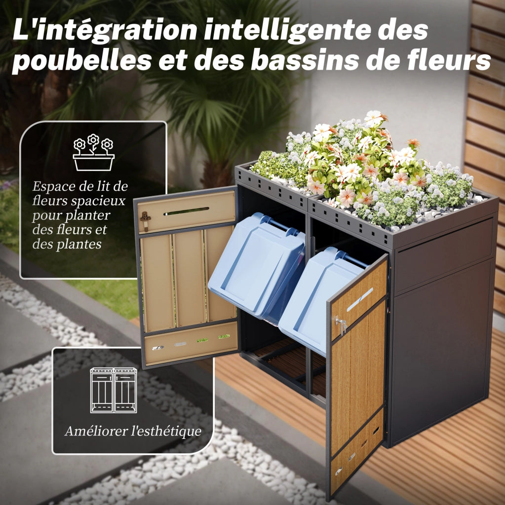 Cassonetto porta rifiuti in acciaio zincato con tetto coltivabile effetto legno per 4 bidoni da 120-240 L