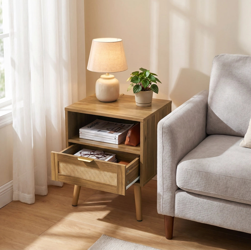 Comodino boho in rattan e MDF color noce con cassetto