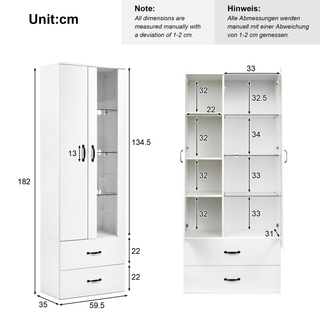 Vetrina libreria LED 59;5x35x182 cm con 2 ante e 2 cassetti in truciolare bianco