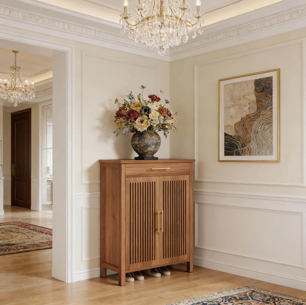 Scarpiera freestanding a 5 ripiani con ante a lamelle marrone