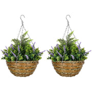 Set 2 Piante Artificiali di Lavanda Ø25x34 cm con Vaso e Gancio in PE e Vimini Verde e Viola