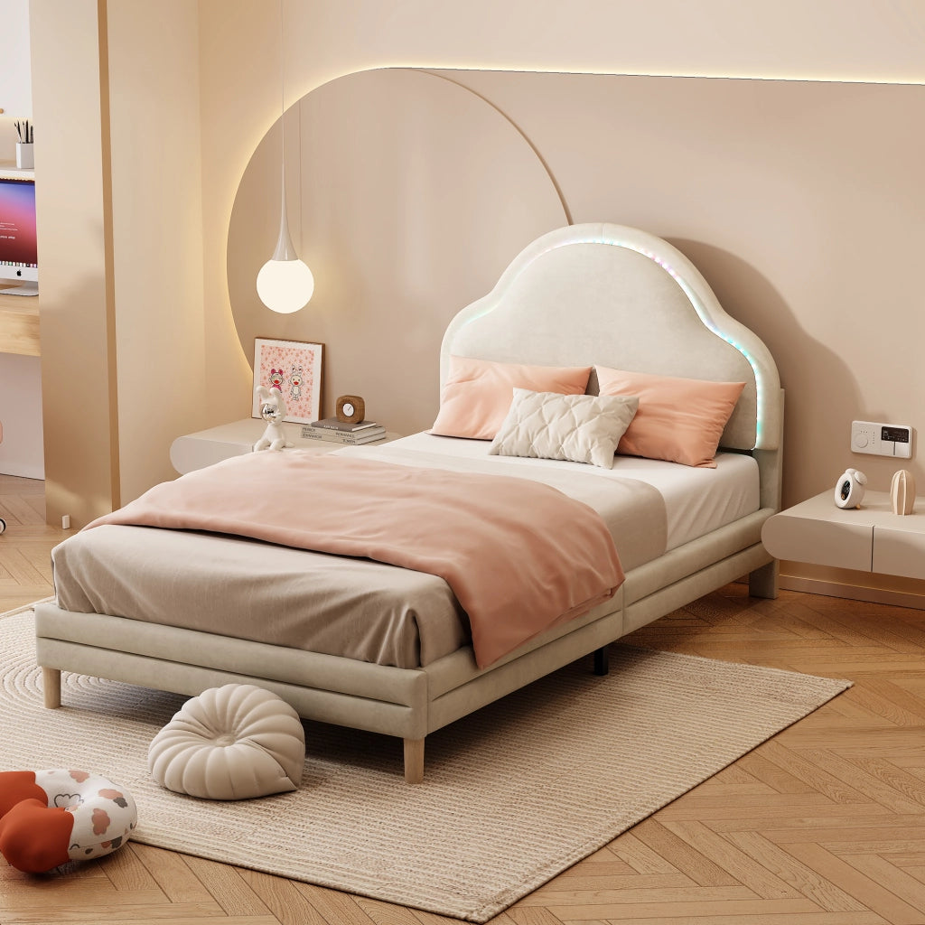 Letto singolo 90 × 200 cm con testiera a nuvola imbottita LED multicolore in velluto beige con 14 doghe in legno