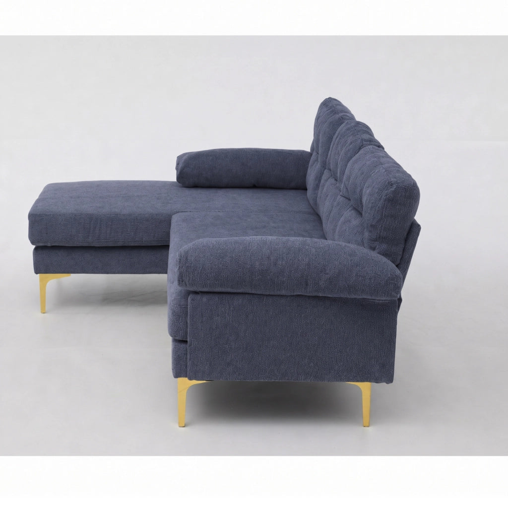 Divano ad angolo a 3 posti 187,5 cm in tessuto Chenille blu con braccioli imbottiti e piedini in metallo