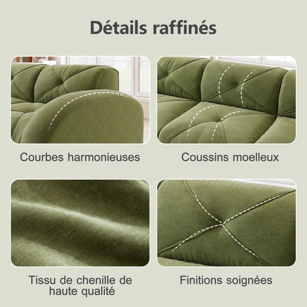 Divano angolare modulare a quattro posti in ciniglia con seduta senza struttura e poggiapiedi verde 358 × 171 × 76 cm