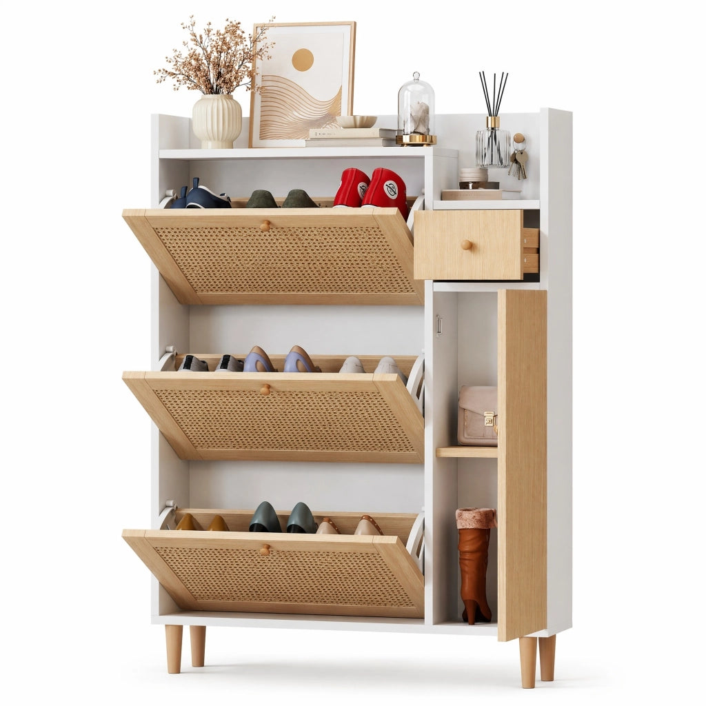 Scarpiera a ribalta con ripiani regolabili; 90 ¡Á 125 ¡Á 17 cm; MDF; naturale e bianco