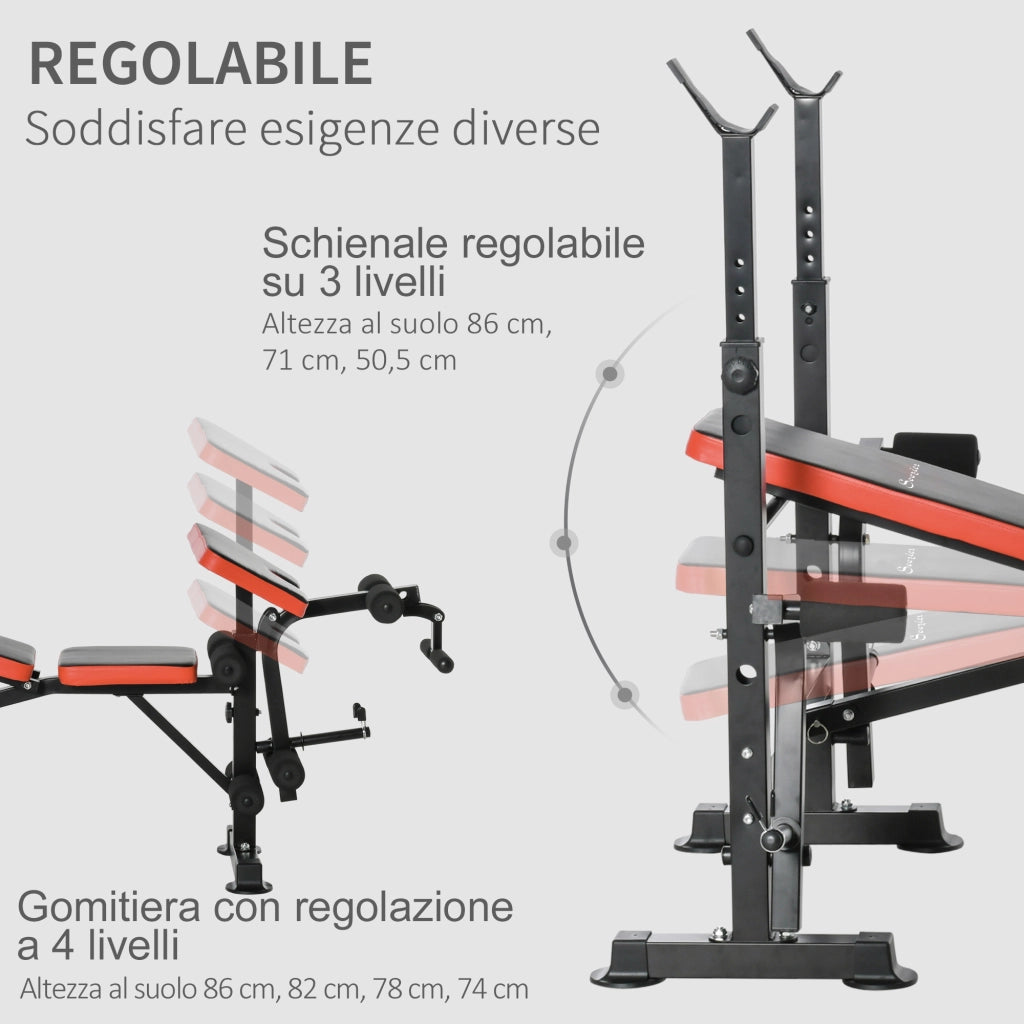 Panca Multifunzione Regolabile con Supporto per Bilanciere, in Acciaio e Plastica, 175x139x127 cm, Rosso e Nero