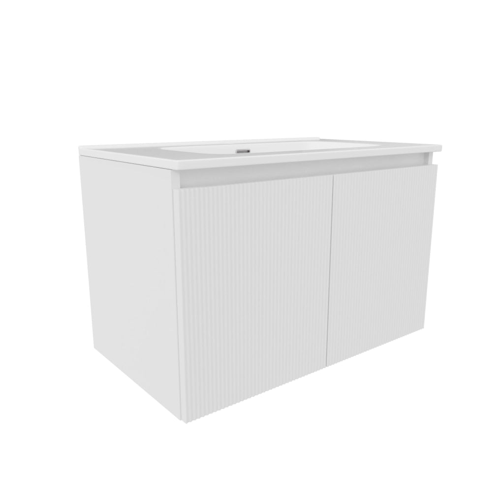 Mobile bagno sospeso 80cm due ante bianco opaco cannettato con lavabo bianco lucido | Pelion