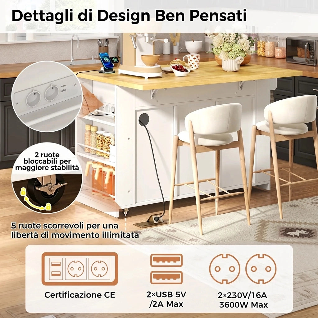Isola cucina mobile 130x80x87 cm con piano pieghevole; carrello da cucina con ante scorrevoli in MDF; bianco e naturale