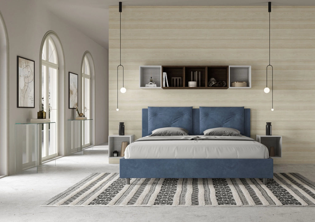 BS COM Letto con rete imbottito 180x190 microfibra blu