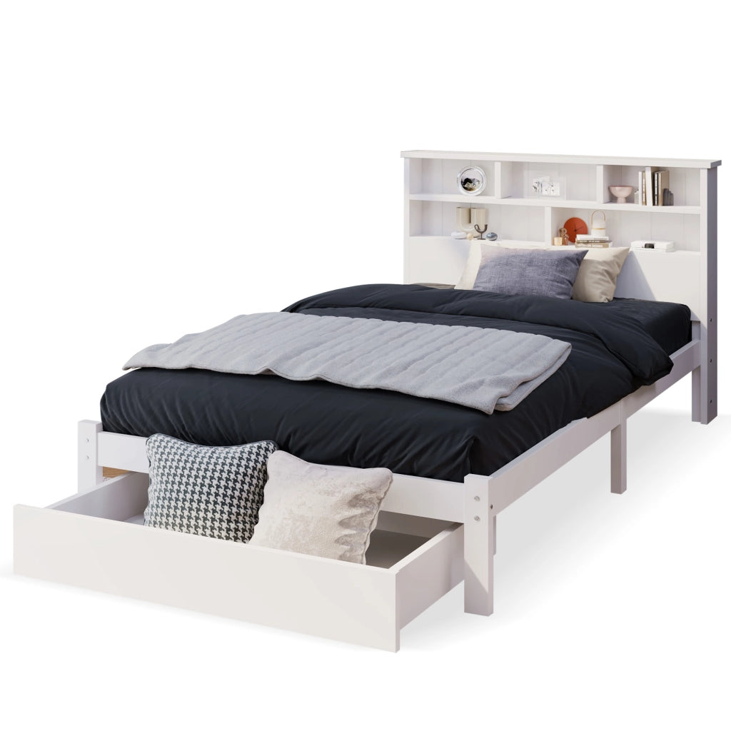 Letto singolo in legno massiccio con 2 cassetti e testiera a libreria, 90x200 cm, bianco