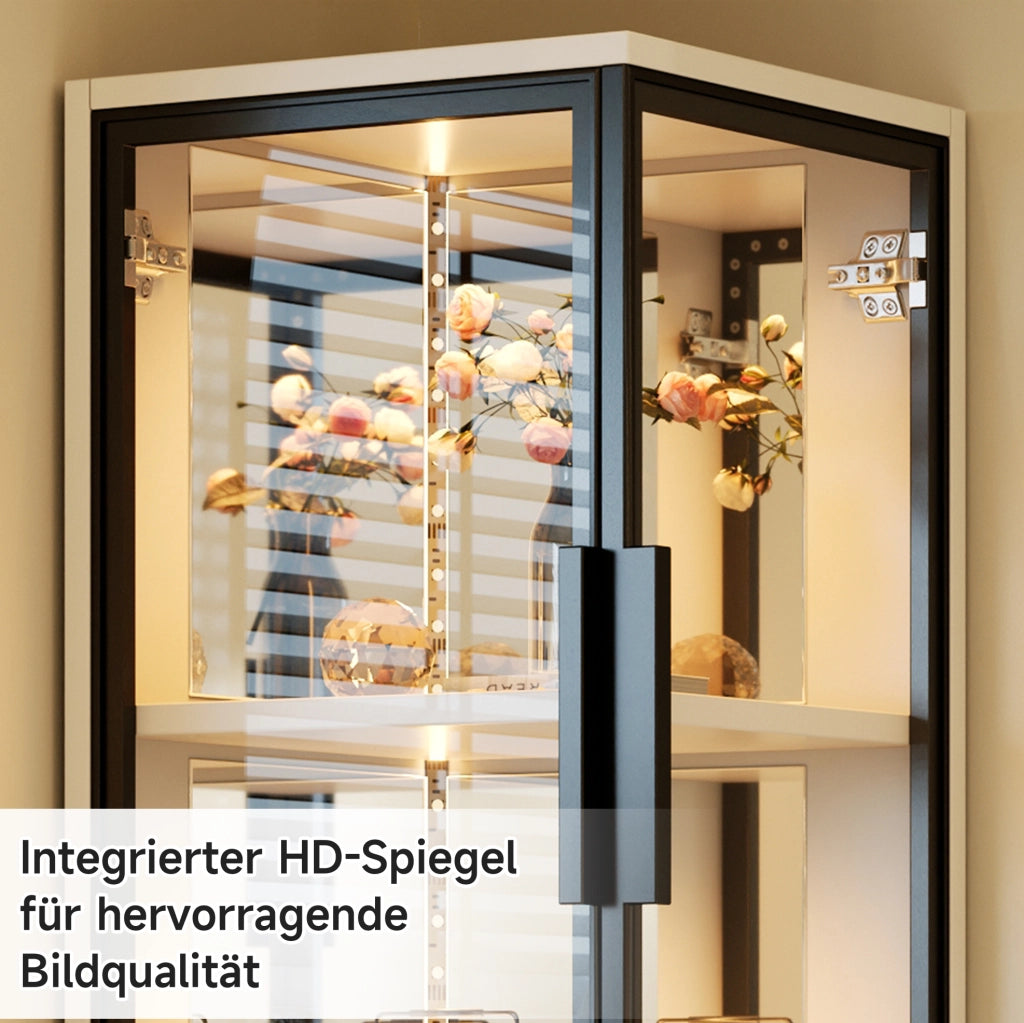 Vetrina angolare in vetro 44×42×164 cm con retro specchiato, illuminazione LED multicolore, bianca