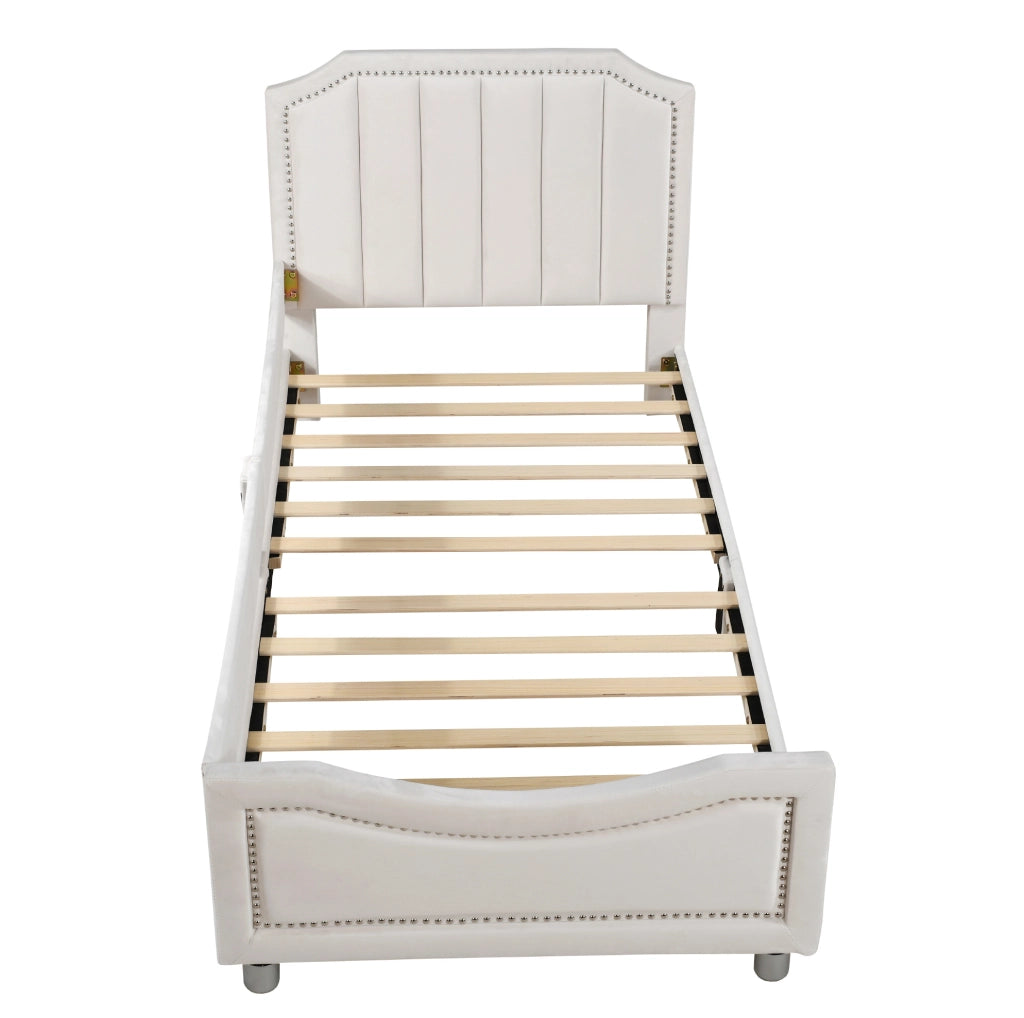 Letto imbottito per bambini con schienale e braccioli in flanella beige