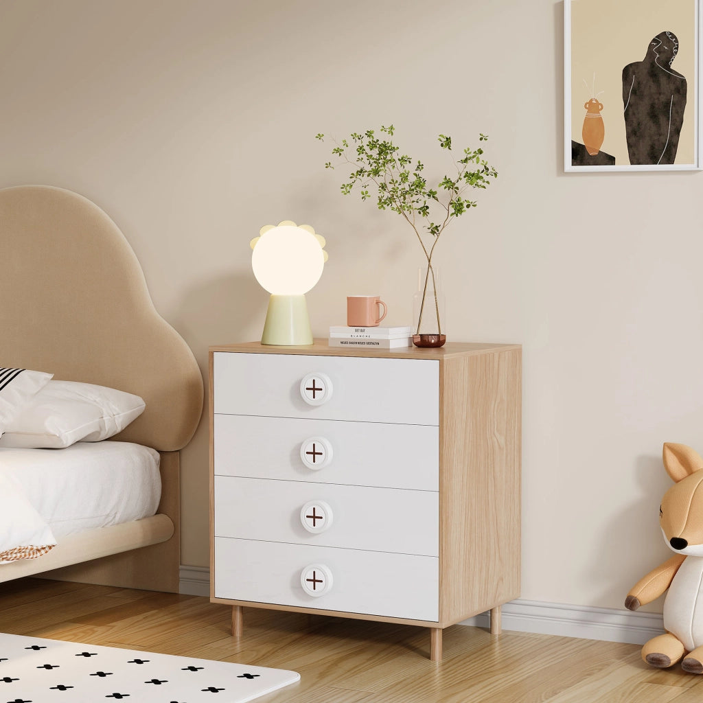 COMODINO 4 cassetti 80x54x90 cm MDF Naturale e Bianco