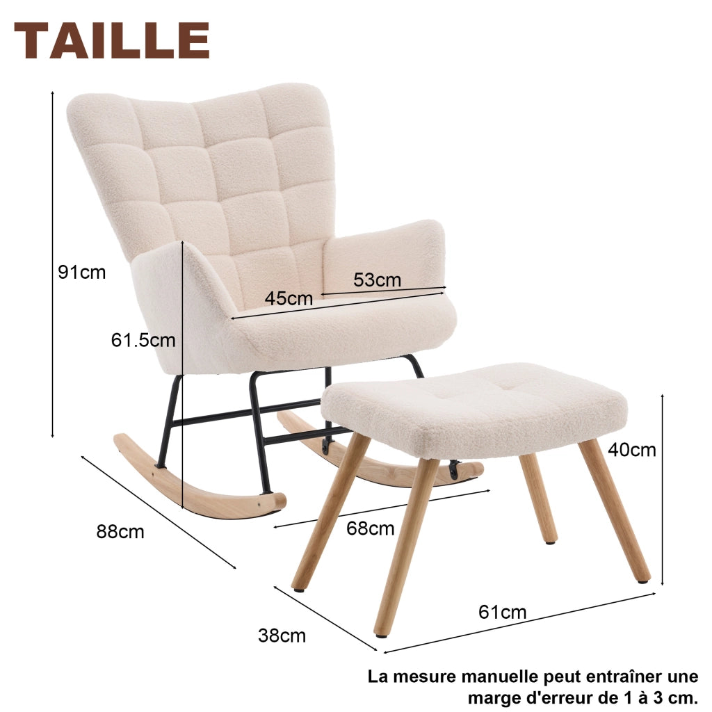 Sedia a dondolo 91x61x88 cm con poggiapiedi in lana d'agnello beige