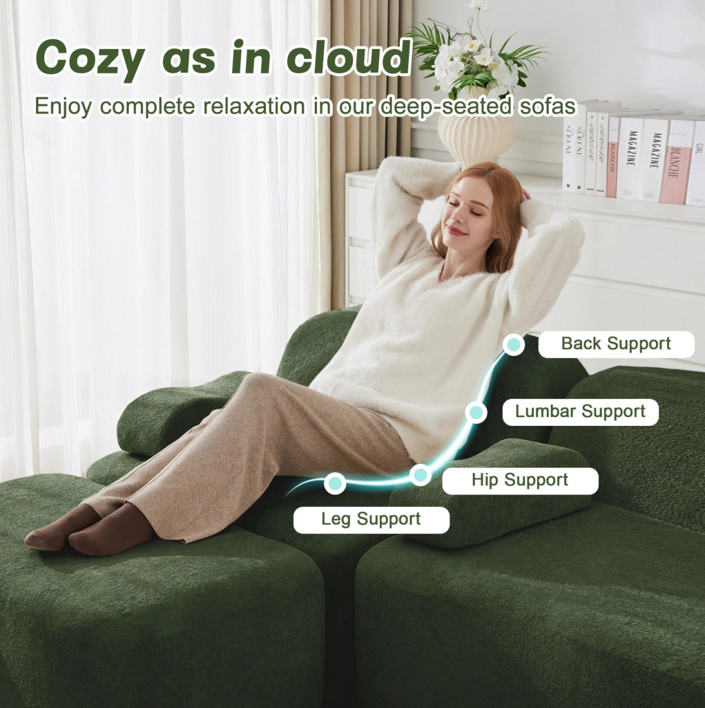 Divano modulare ULEVR a U verde con 2 pouf, forma ondulata e rivestimento in velluto