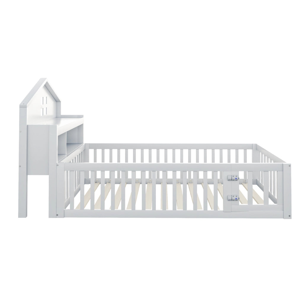 Letto per bambini 90x200 cm a casetta con lavagna, ripiani e barriera bianco
