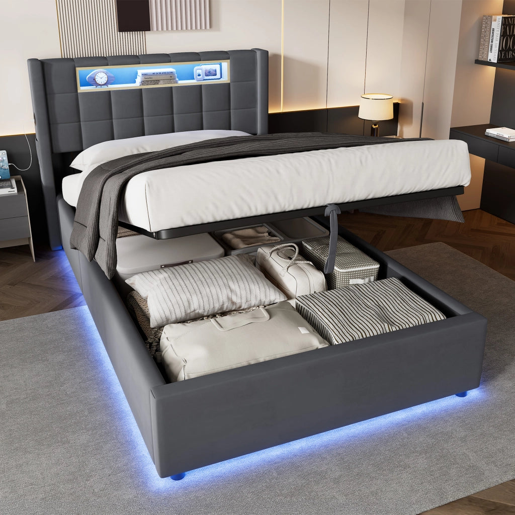 LETTO Imbottito con contenitore idraulico, LED e 2 USB + Type-C 90 x 200 cm Grigio Scuro