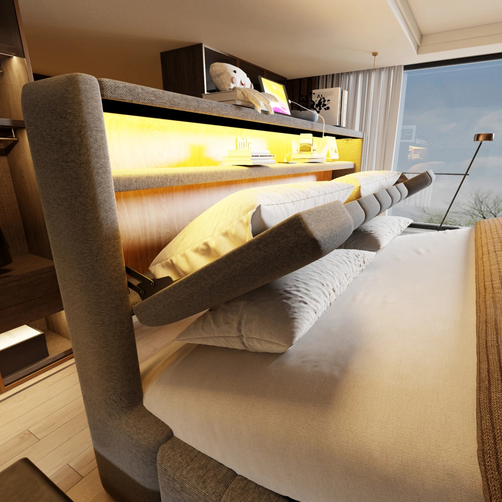 Letto matrimoniale ULEVR 180x200 cm con contenitore idraulico, LED, USB e USB-C, tessuto grigio