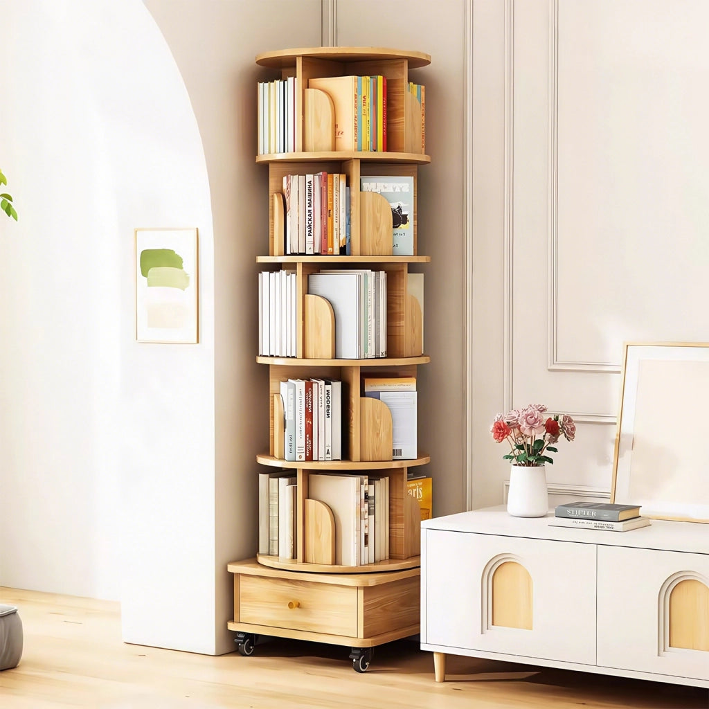Libreria girevole 360° con rotelle e cassetto per piccoli spazi in MDF legno per soggiorno e camera da letto 58 × 56 × 29 cm