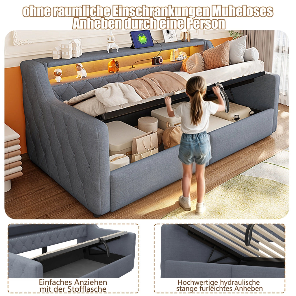 Letto giorno 90 x 200 cm con striscia LED, contenitore idraulico, USB e Type-C - Lino, grigio, senza materasso