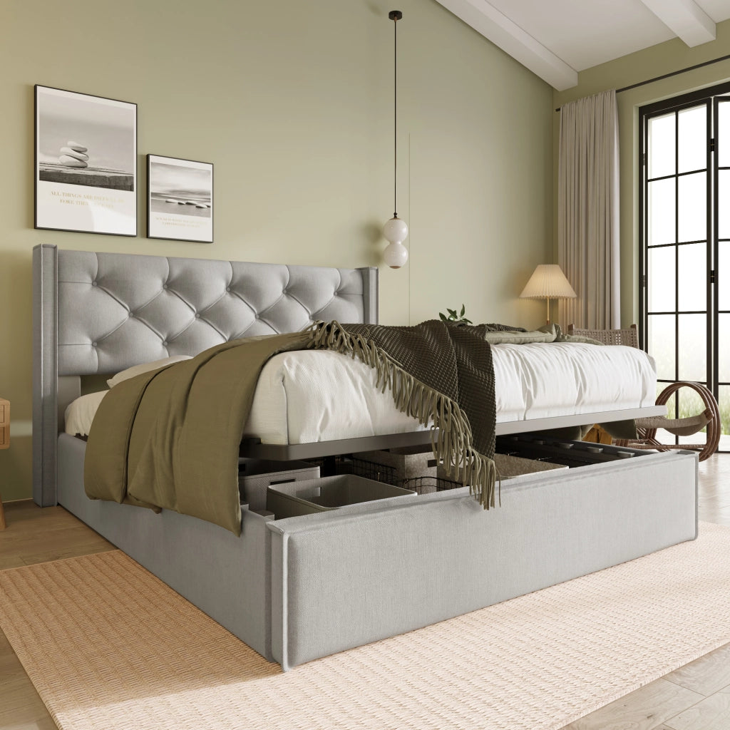 Letto imbottito 140x200 cm grigio chiaro con contenitore