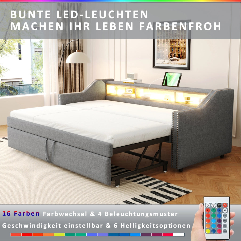 Letto estraibile matrimoniale 90×190 cm e 180×190 cm con LED; USB; ripiani e rete; senza materasso; grigio chiaro