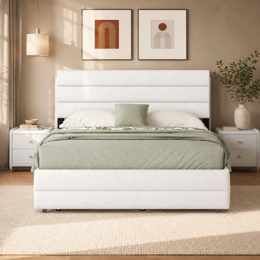 Letto imbottito 140x200 cm con letto estraibile e 2 cassetti; lino beige