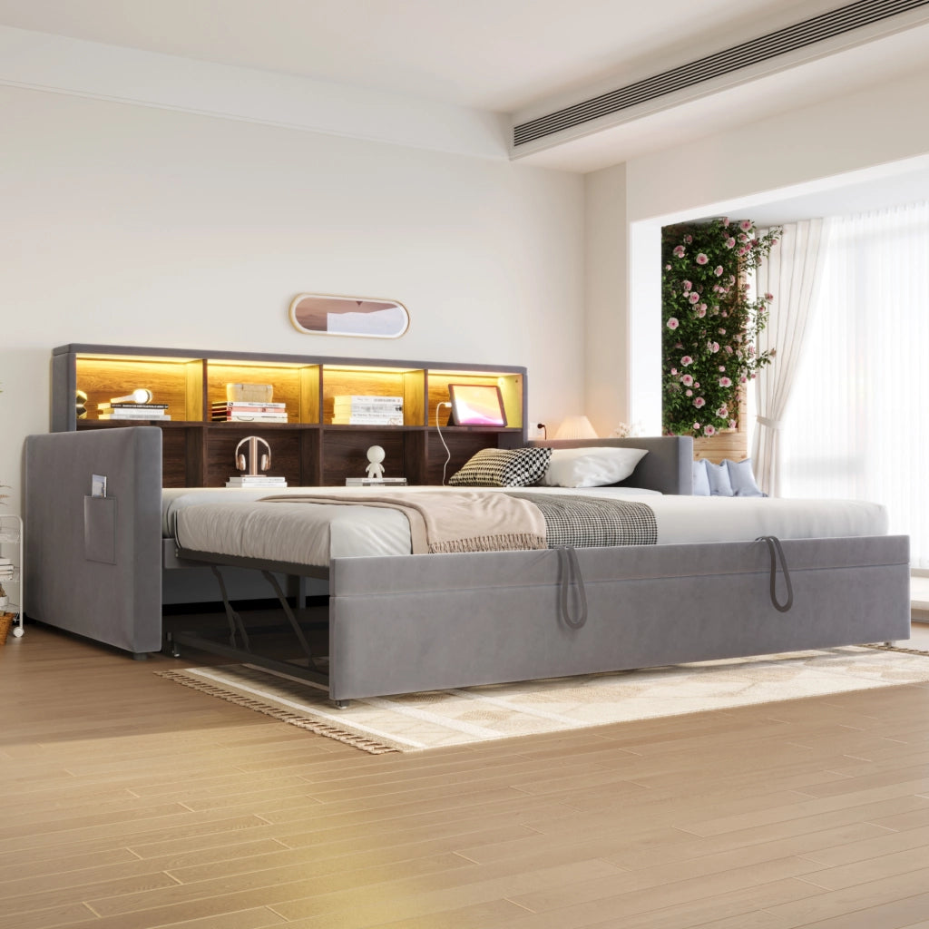 DESMIU Lit divano 90 × 190 cm 1 posto con vano contenitore, LED, USB, Type-C e lit estensibile, senza materasso, grigio