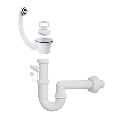 Kit di scarico in plastica per lavatoio con sifone e piletta con troppopieno