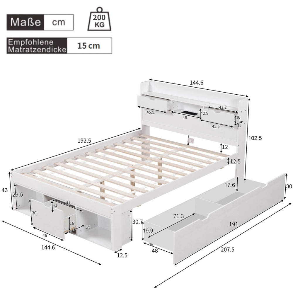 Letto matrimoniale 140x190 cm bianco con USB, vani portaoggetti, senza materasso