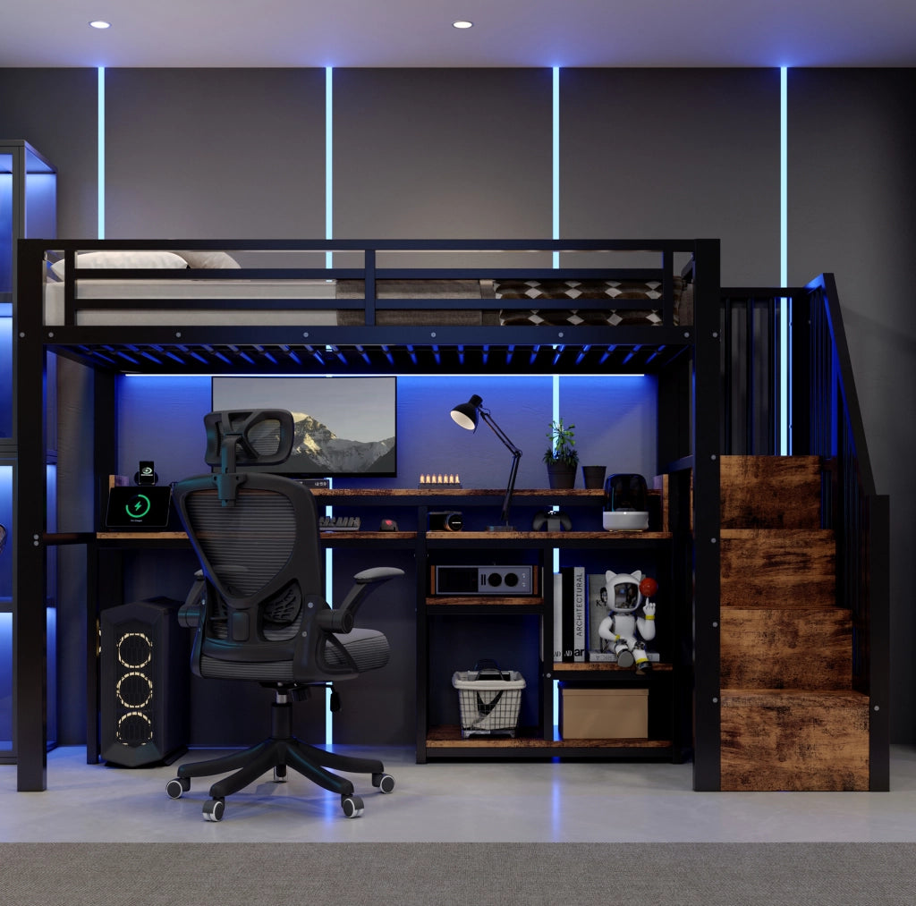 Letto a soppalco 90 x 200 cm nero con armadio scala, LED, USB e Type-C