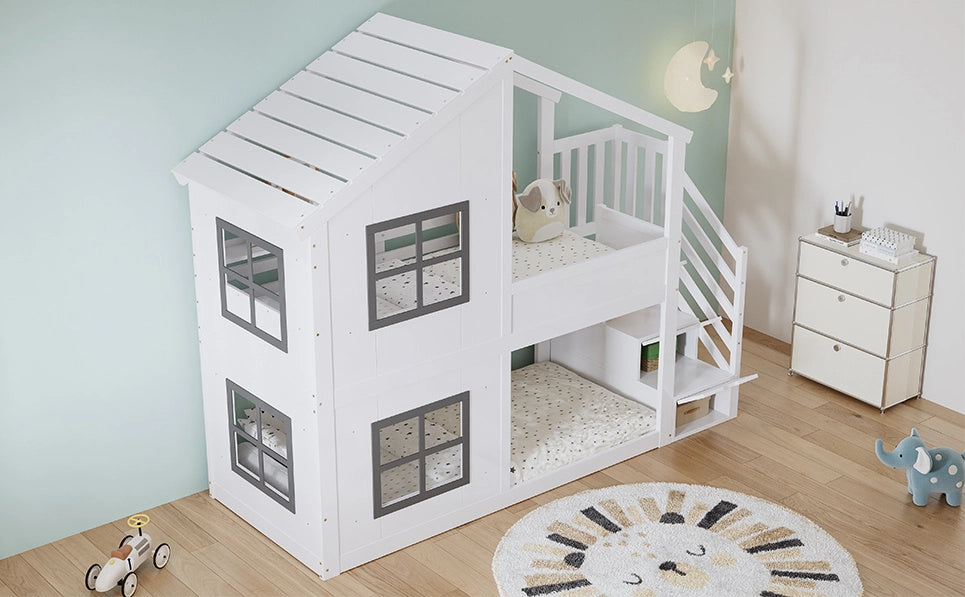 Letto a castello per bambini con scala contenitore a 3 gradini, finestrini e tetto, struttura in pino e MDF, bianco e grigio, 90x200 cm