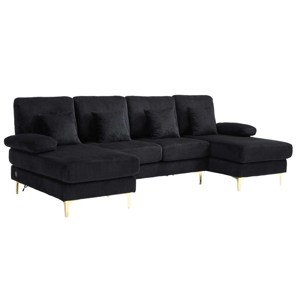 Divano a U con LED e porta USB; 265x135x88 cm; in velluto nero
