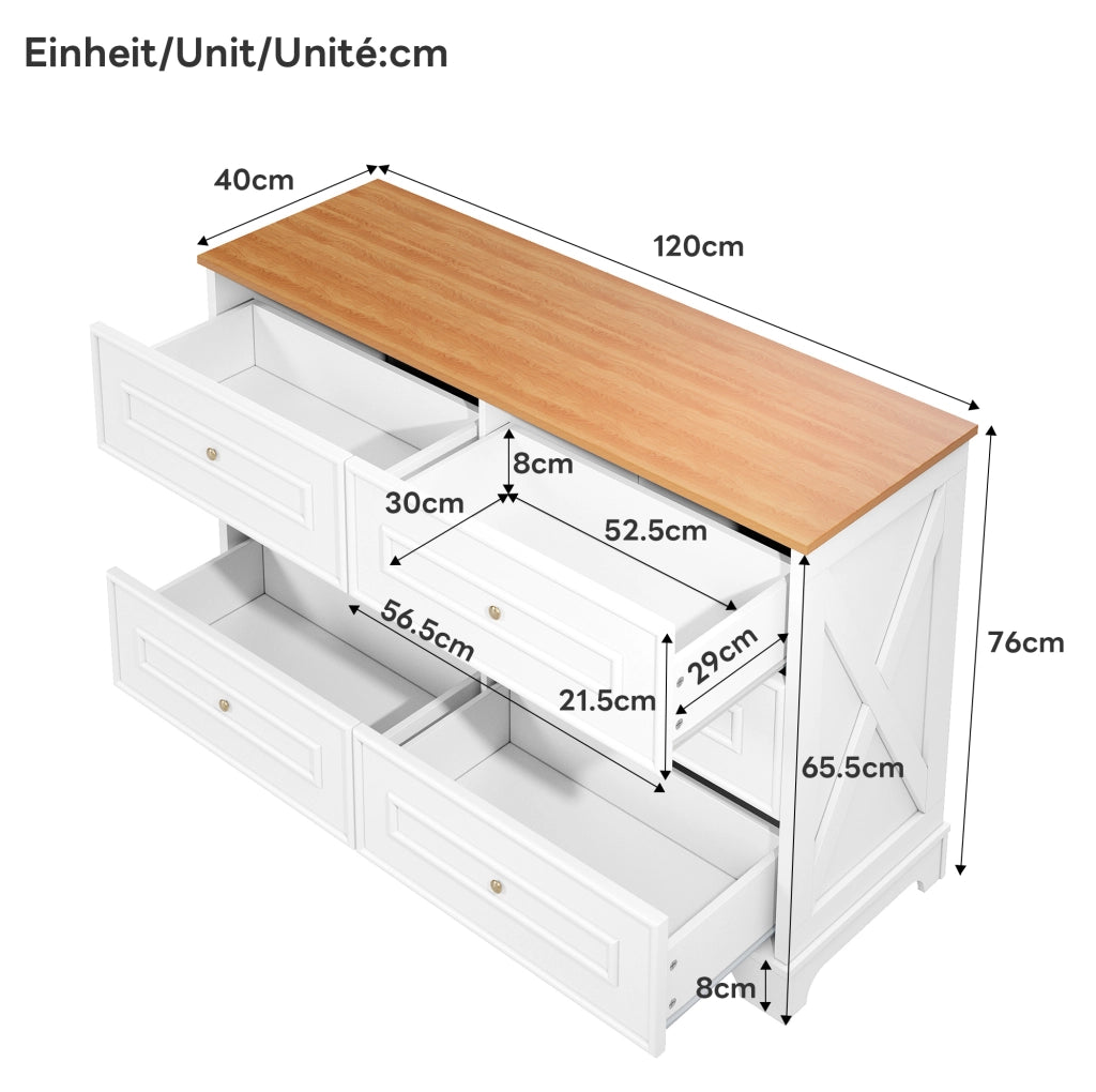 Credenza con 6 cassetti 120 x 40 x 76 cm in MDF e truciolare; bianca e naturale