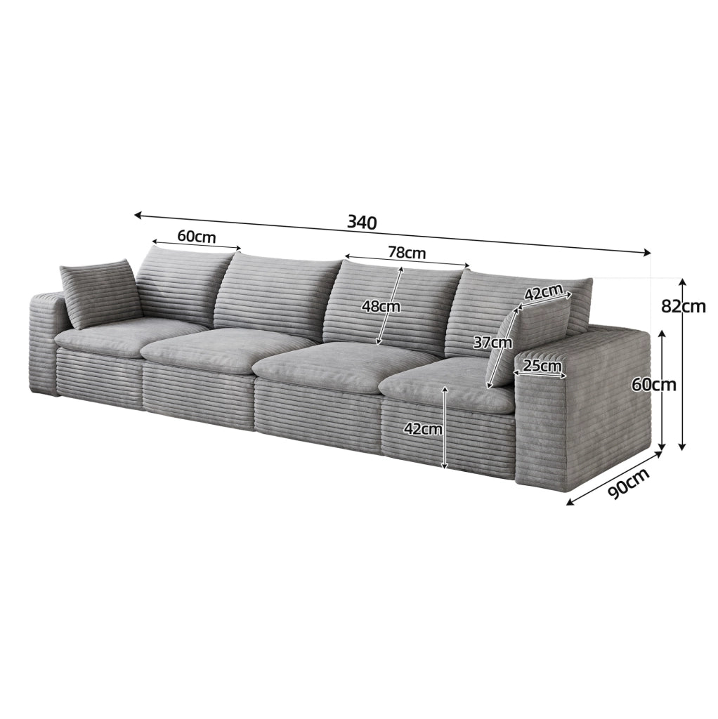 Divano Cloud 340 cm in tessuto di velluto a coste grigio scuro con imbottitura rimovibile e design modulare senza necessità di montaggio