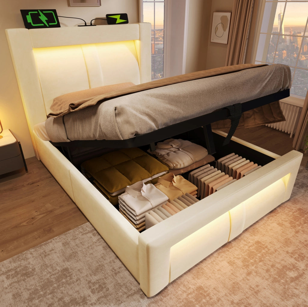 Letto singolo 90x200 contenitore velluto beige LED USB Type-C con materasso